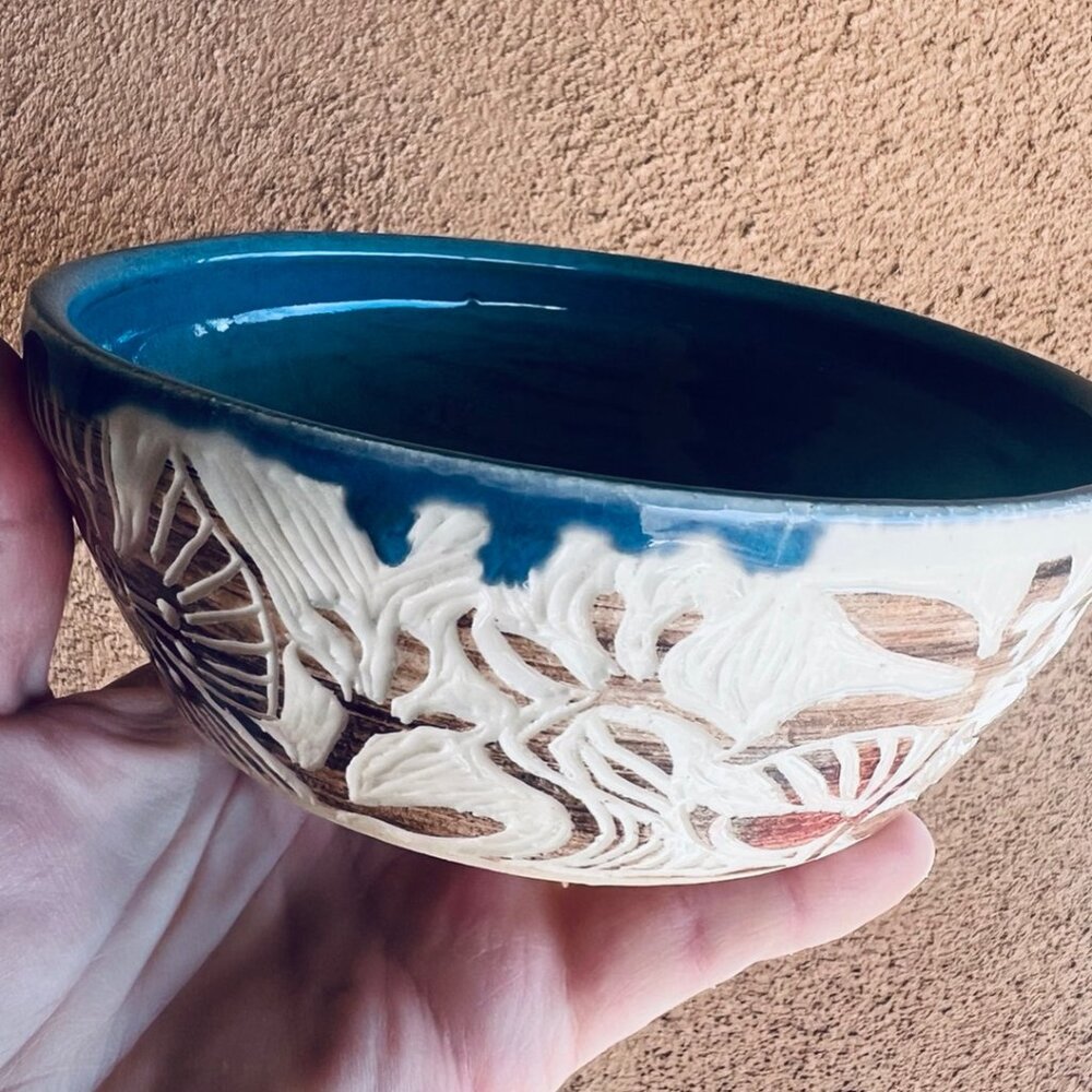 Blue and Brown Carved Pottery Serving Bowl High Fired